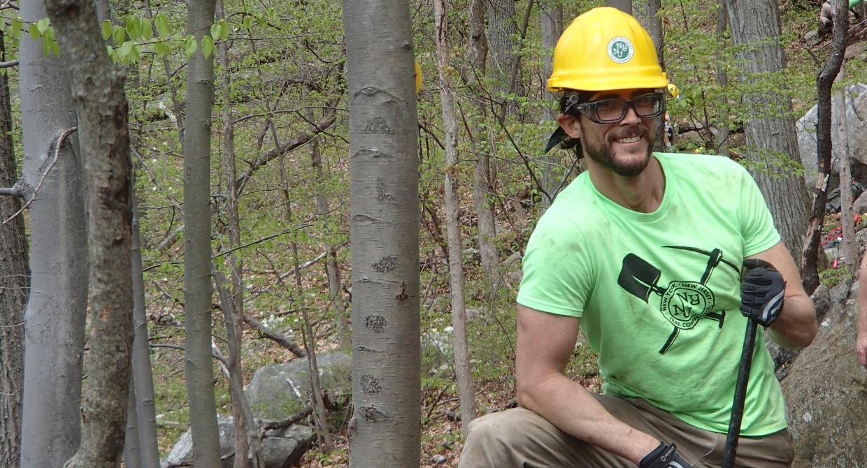 Trail Conference Conservation Corps member Tim Palumbo served on the Megalithic Trail Crew in 2016. Photo by Ashtyn Elizondo.