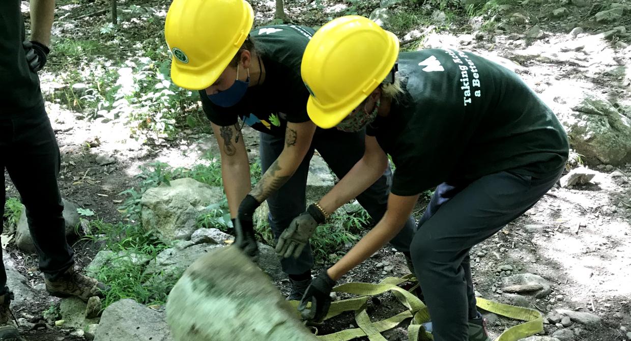 MEVO Trail Crew at Ramapo Mountain SF Moving Rocks. Photo by Billy Ditmas.