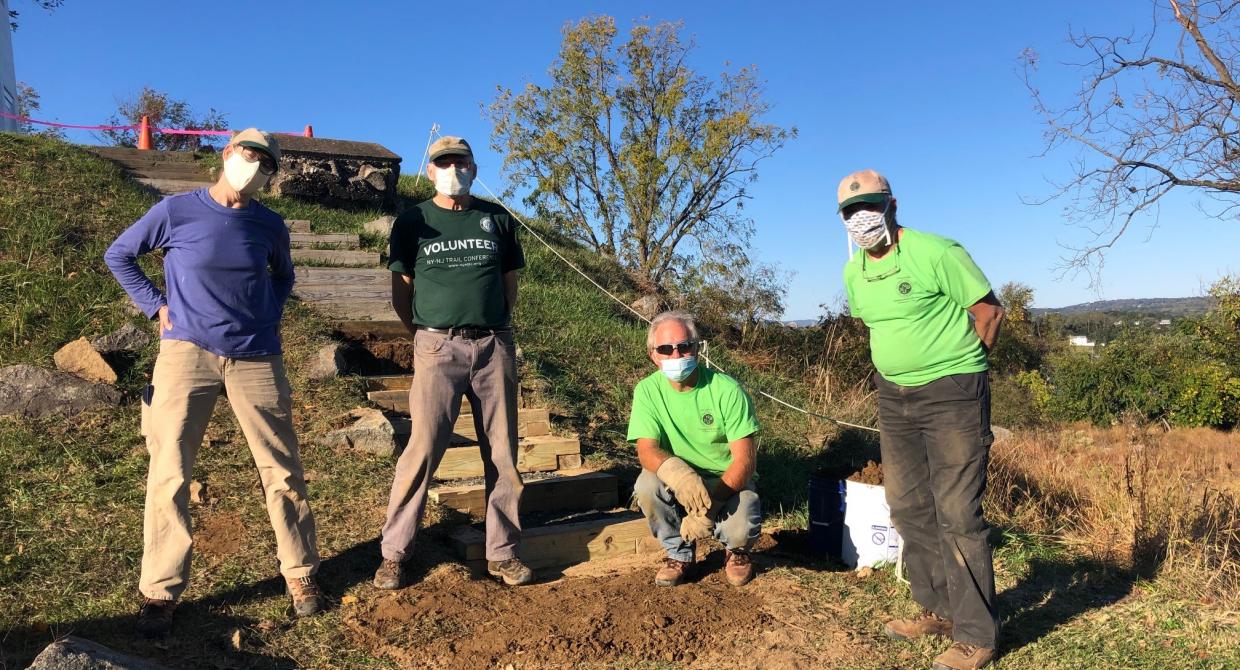 West Hudson South Trail Crew working on the stairs at the Stony Point Lighthouse.