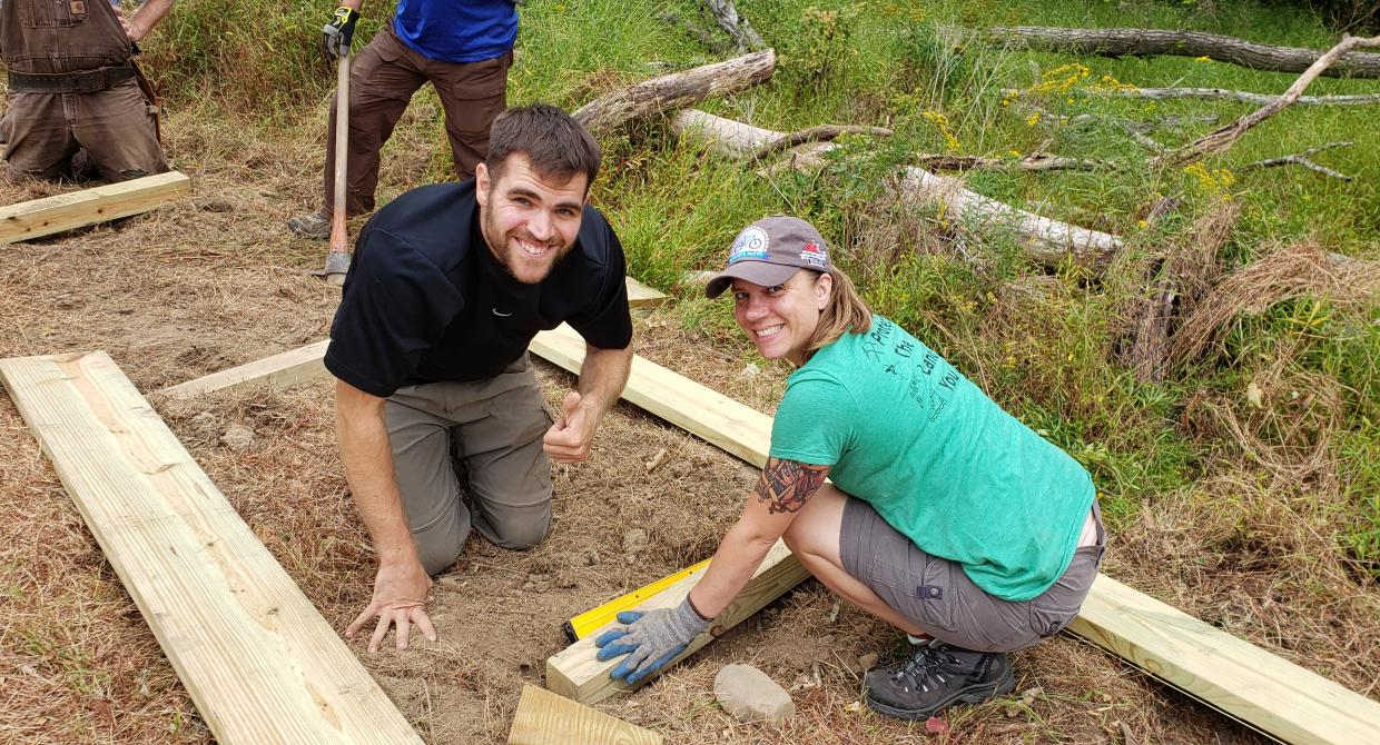 Building great trails together in Yorktown: Hiker Matt Dittman and biker Laura Kelly.