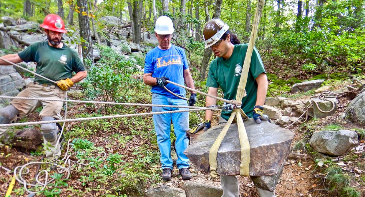 Long Distance Trails Crews volunteers work on the Appalachian Trail at Black Mountain in Harriman State Park. Photo by Marty Costello.