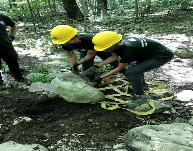 MEVO Trail Crew at Ramapo Mountain SF Moving Rocks. Photo by Billy Ditmas.