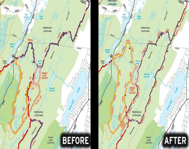 Terrace Pond Reblazing Before and After Map. Map by Jeremy Apgar.